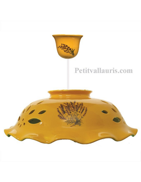 Suspension en céramique ajourée fond jaune décor Lavande D35