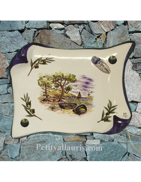 Plaque décorative de Maison parchemin décor calanque ,brins d'olives et cigale en relief 