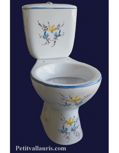 Toilettes-WC décor fleurs bleues et jaunes-orangées