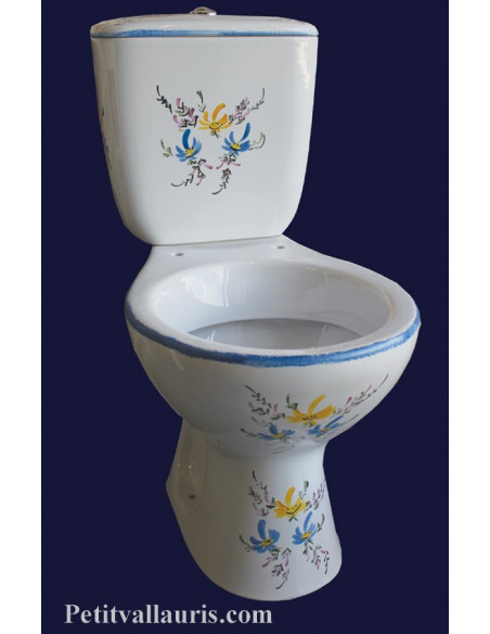 Toilettes-WC décor fleurs bleues et jaunes-orangées