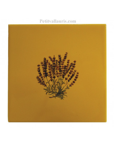 Carreau décor bouquet de lavande sur carreau 15 x 15 cm couleur jaune-miel provençale