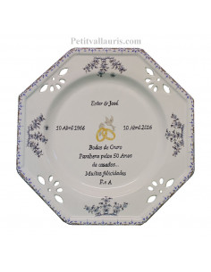 Assiette de Mariage octogonale décor tradition vieux moustiers bleu avec poème noces d'or