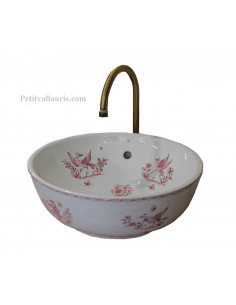 Vasque blanche modèle bol ronde en porcelaine reproduction décor tradition vieux moustiers rose