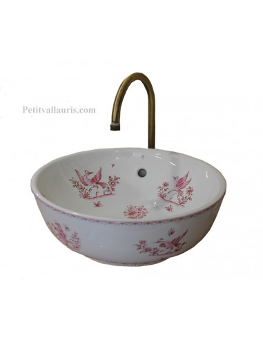 Vasque bol ronde en porcelaine décor tradition vieux moustiers rose