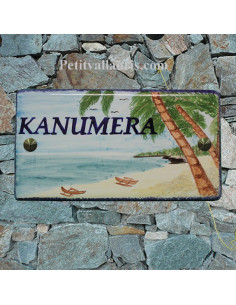 Plaque de Maison rectangle décor personnalisé exotique plage et cocotiers inscription bleue