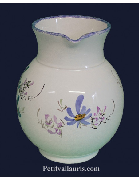 Pichet -Cruche à eau en faïence décor Fleuri bleu