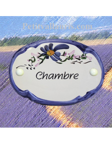 Plaque de porte modèle ovale décor tradition fleurs bleues avec