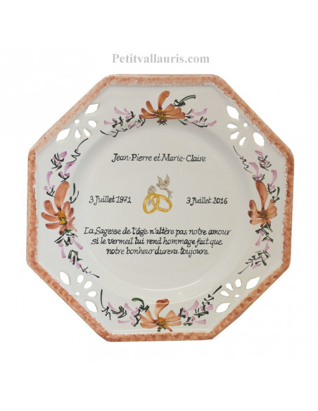 Assiette de Mariage octogonale décor fleurs saumons avec poème noces d'or