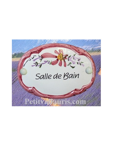 Plaque de porte Ovale fleur rose "Salle de bain"