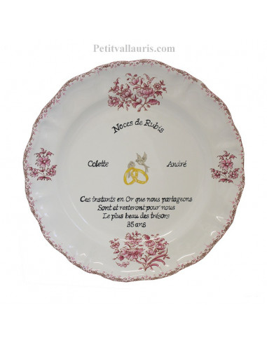 Assiette souvenir 35 ans de mariage Louis XV décor rose Poème Noces de rubis