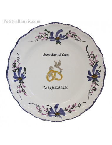 Assiette anniversaire de mariage pour noces d'orchidée personnalisable  modèle Louis XV décor fleurs bleues
