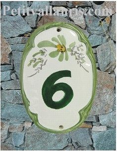 Plaque de porte en faïence émaillée ovale chiffre fleur verte