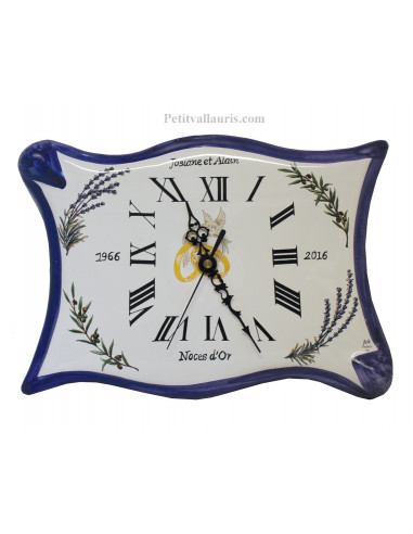 Horloge En Faience Modele Parchemin Pour Anniversaire De Mariage Inscription Personnalisee Bord Bleu