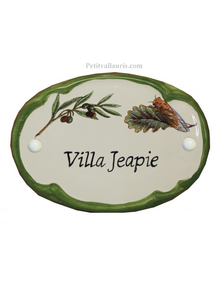 Plaque de porte ovale verte cigale et olives