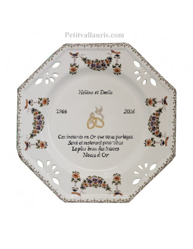 Assiette de Mariage octogonale décor tradition vieux moustiers poly. Poème noces d'or