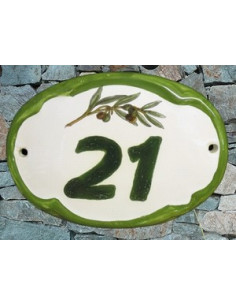 Plaque de porte en faience blanche modèle ovale décor brin d'olives avec inscription personnalisée bord vert