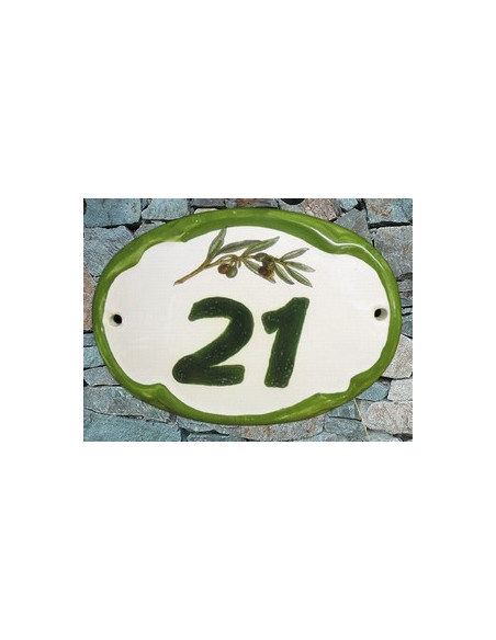 Plaque de porte en faience blanche modèle ovale décor brin d'olives avec inscription personnalisée bord vert