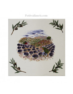 Carreau 15 x 15 cm décor récolte lavande + brins d' olives 