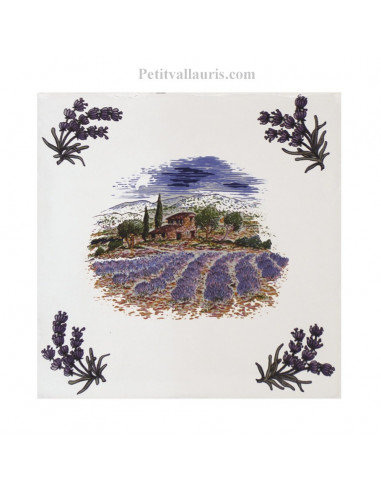 Carreau 15 x 15 cm décor récolte lavande + brins d' olives 