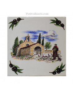 Carreau 15 x 15 cm décor moulin + champs lavande + brins d'olives