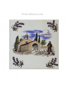 Carreau 15 x 15 cm décor chapelle + berger+ brins d'olives noires