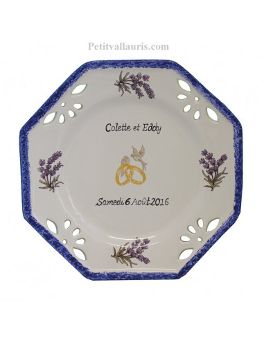 Assiette souvenir Mariage octogonale petit modèle décor mimosas bord bleu