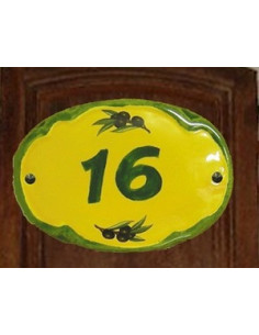 Plaque de porte ovale chiffre sur fond jaune décor olives noires