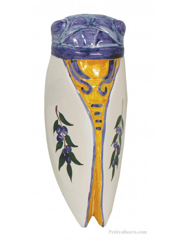 Grande cigale en céramique au décor artisanal provençal olives bleues (Taille.5)