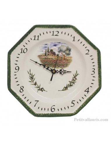 Horloge octogonale en faïence décor Champ Coquelicots bord vert