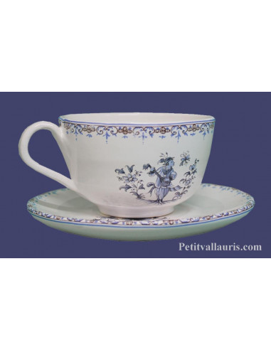 Tasse à thé et sous tasse décor Tradition Vieux Moustiers bleu
