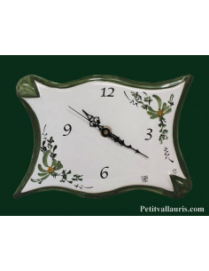 Horloge de cuisine en céramique forme parchemin décor Fleuri verte