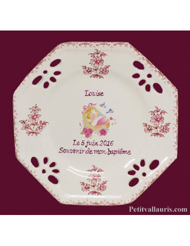  Agrandir l'image Assiette octogonale ajourée pour baptême fille décor couffin rose