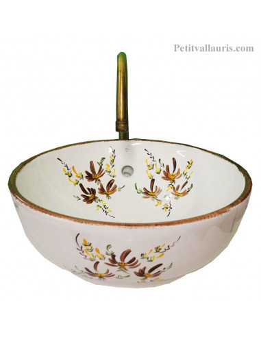 Vasque bol ronde lave main en porcelaine décor fleurs beiges saumon