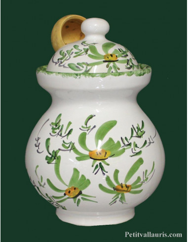 Pot à olives avec cuillère bois décor fleuri coloris au choix