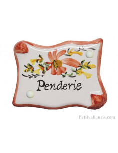 Plaque de porte en faience modèle parchemin fleurs rouges coquelicot inscription Penderie