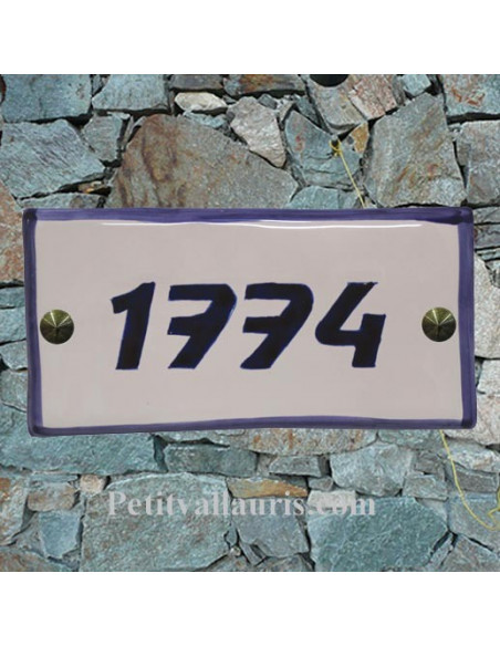 Plaque numéro de maison faience émaillée blanche bord et texte bleu inscription personnalisée 