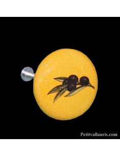 Bouton de tiroir en porcelaine pour meuble décor olives nires et couleur jaune provençale (diamètre 42 mm)