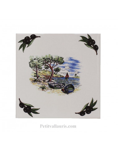 Carreau 15 x 15 cm décor Méditerannéen + pointu + crique + olives noires