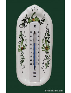 Support thermomètre mural en faïence décor Fleuri vert