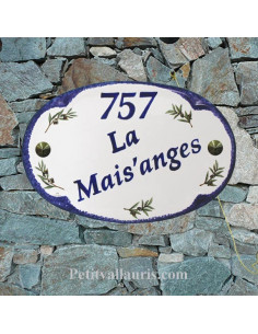 Plaque pour maison modèle ovale en céramique décor brins d'olives bord et inscription bleue