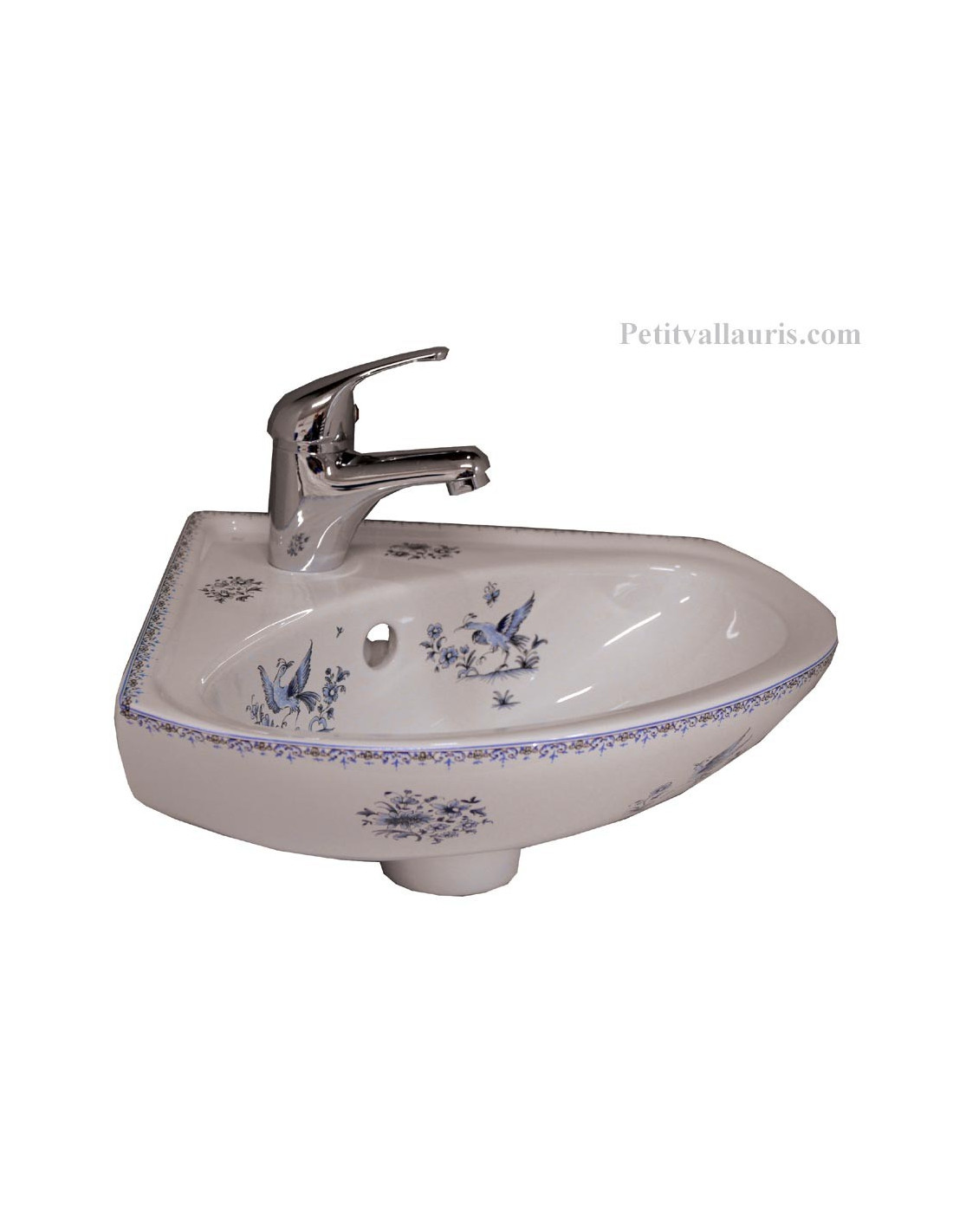 Lave-main d'angle en porcelaine blanche reproduction décor Tradition Vieux  Moustiers polychrome