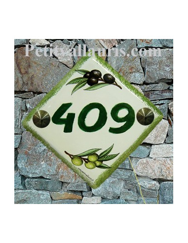 Numéro de maison décor brins d'olives vertes et noires pose diagonale