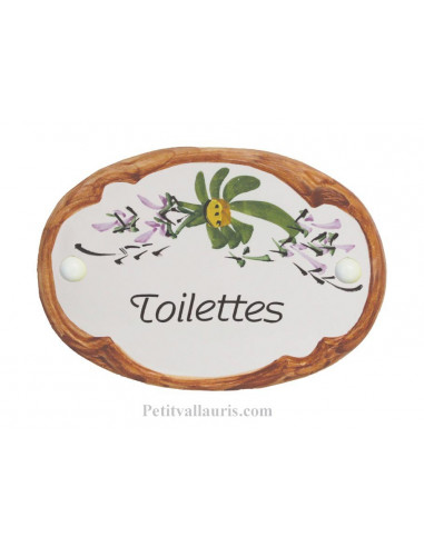 Plaque de porte Ovale en céramique blanche motif fleur verte bord ocre inscription Toilettes
