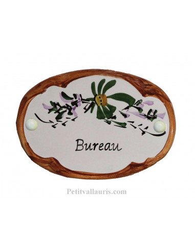 Plaque de porte Ovale en céramique blanche motif fleur verte bord ocre inscription Bureau