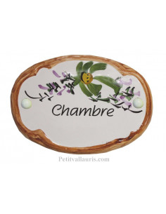 Plaque de porte Ovale en céramique blanche motif fleur verte bord ocre inscription Chambre