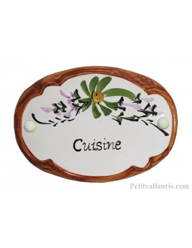 Plaque de porte Ovale en céramique blanche motif fleur verte bord ocre inscription Cuisine
