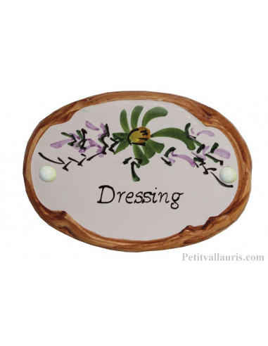 Plaque de porte Ovale en céramique blanche motif fleur verte bord ocre inscription Dressing