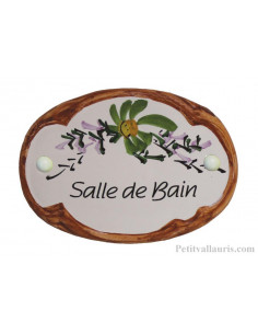 Plaque de porte Ovale en céramique blanche motif fleur verte bord ocre inscription Salle de Bain