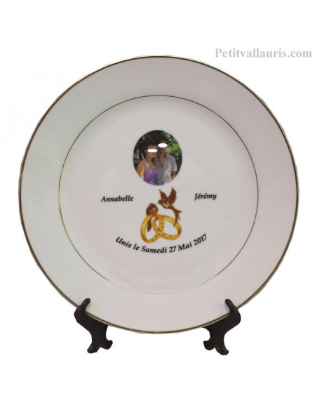 Assiette porcelaine personnalisée filet or avec photos et alliances