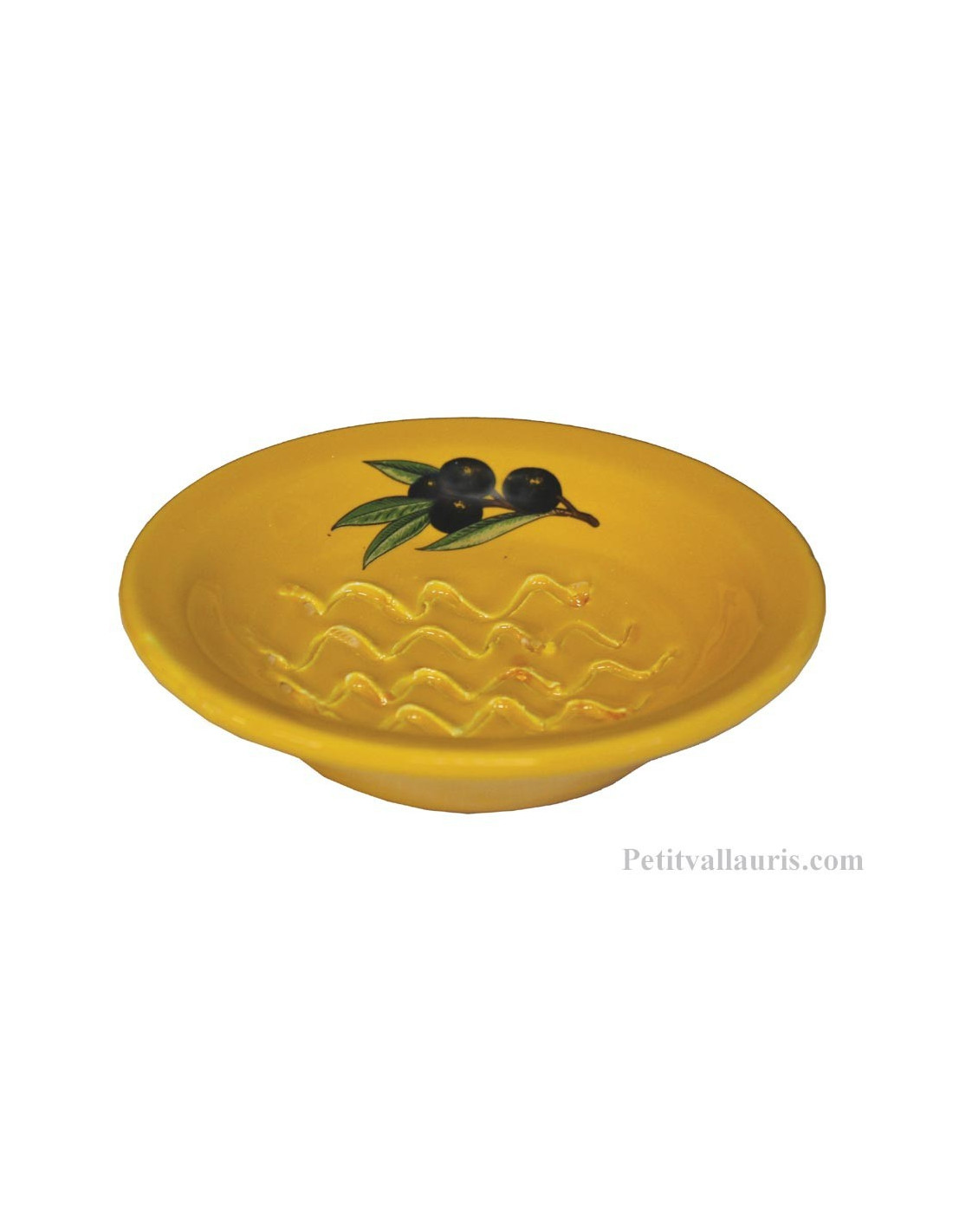 Gratte-Rape aïl rond en faience jaune provençale décor artisanal décor  Olives noires